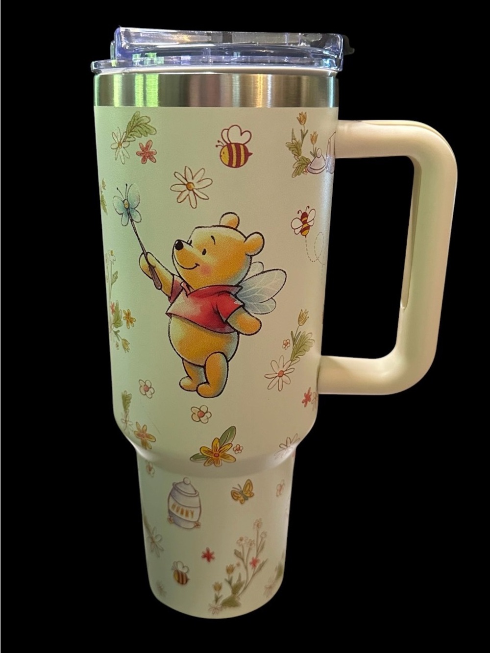 New 40-oz Winnie the Pooh Floral Stainless Travel Mug with Handle Lid Straw